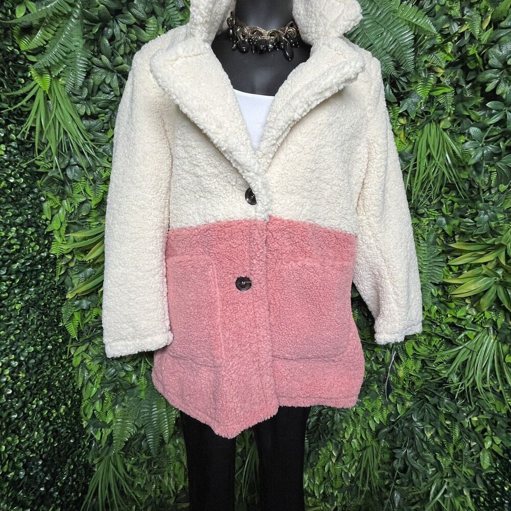 FRENCH CONNECTION Women Jacket XL Blazer Cream Pink Teddy Fleece Faux Fur NWT - Picture 8 of 10